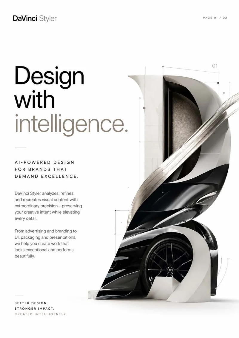 DaVinci Styler editorial brochure cover showing sculptural typography and an automotive artwork