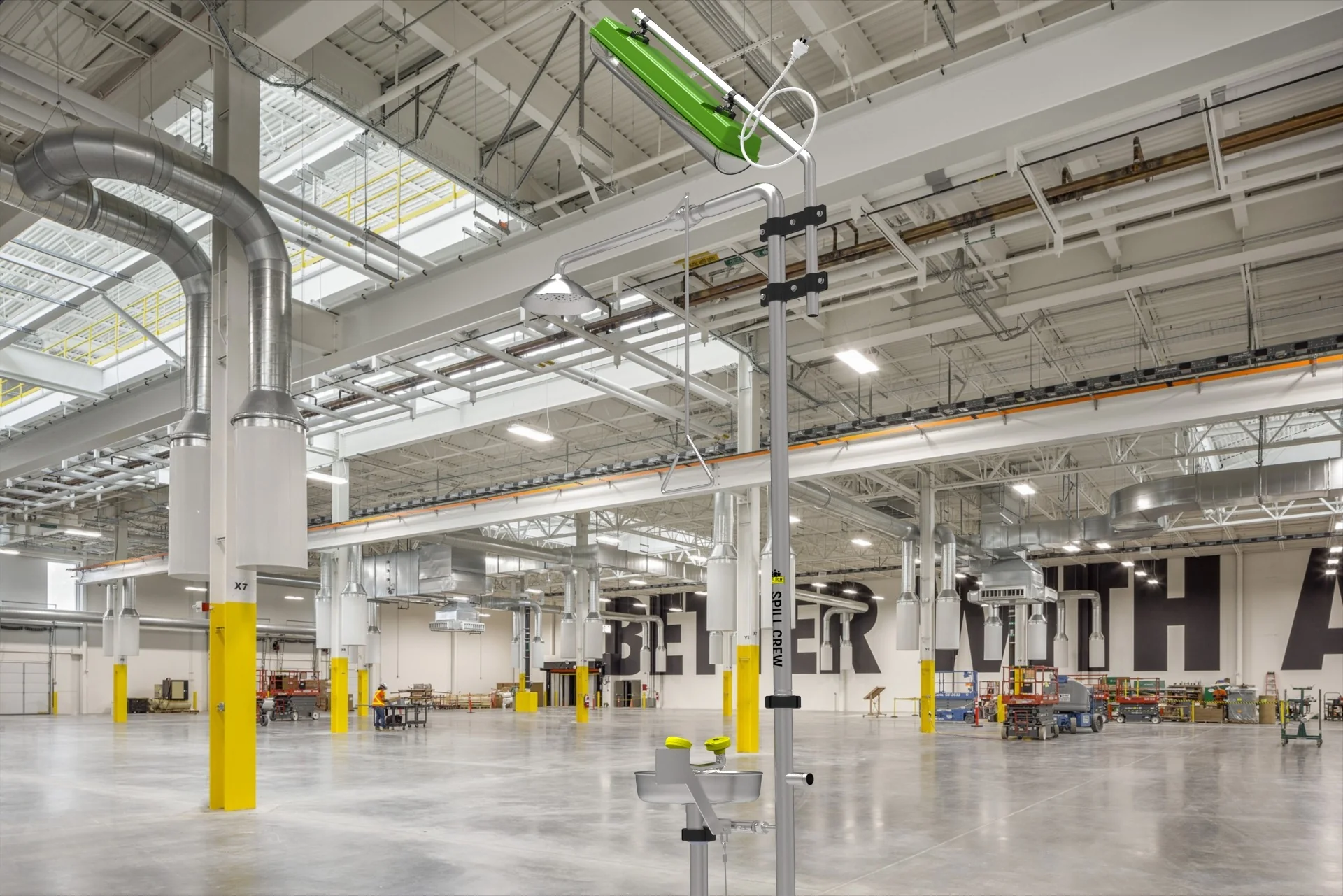 Industrial safety equipment in a large manufacturing environment.