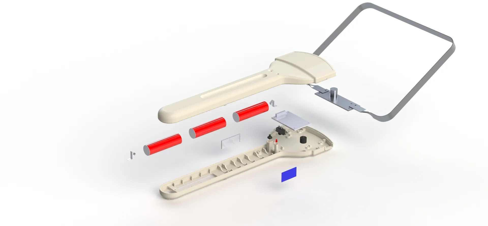 Separated housing, electronic components and frame showing product construction.