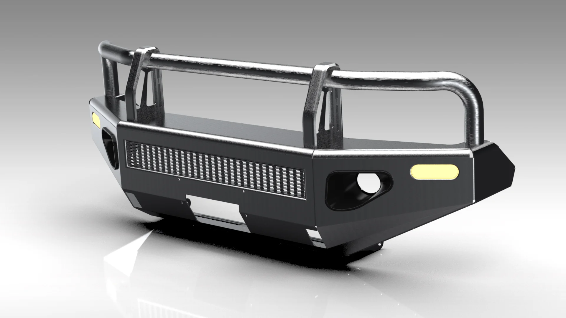 Rendered vehicle protection assembly with tubular structure and integrated details.