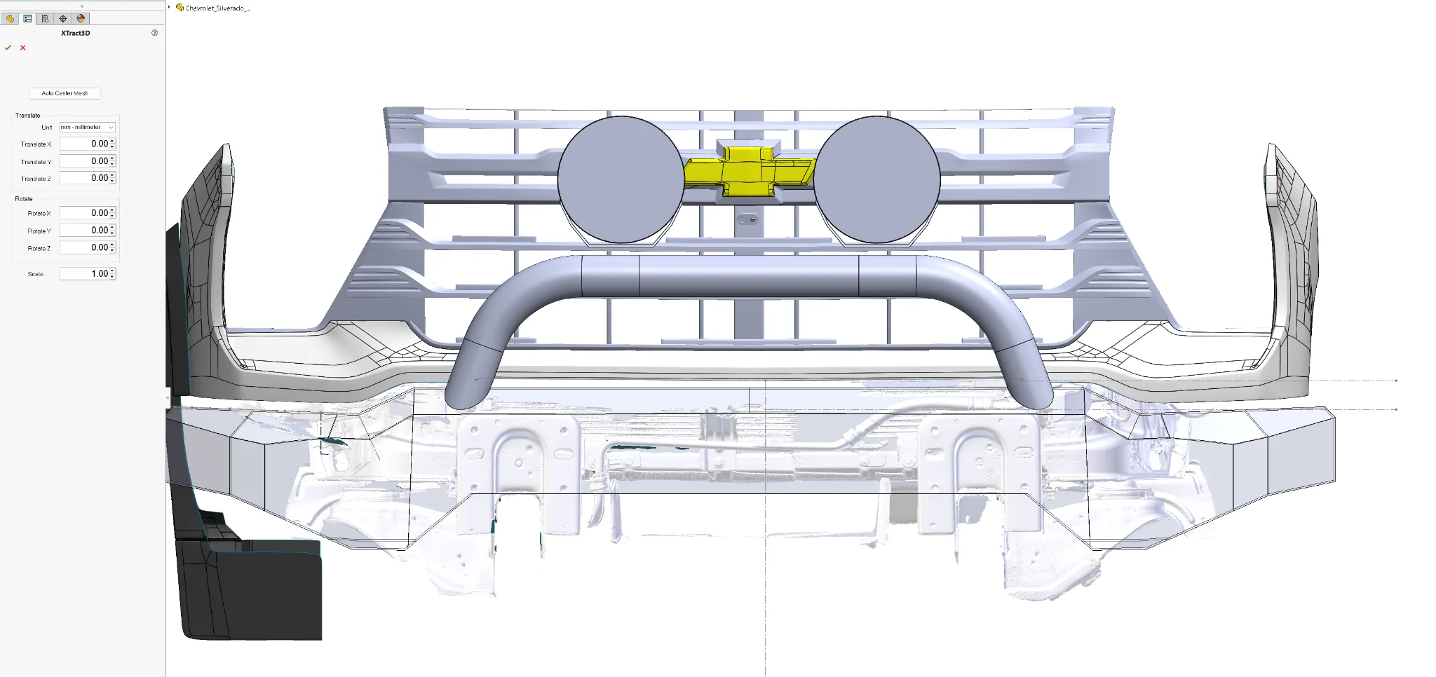 Front vehicle geometry shown with a digital CAD overlay.